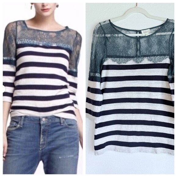 Anthropologie Deletta Lace & Lines 3/4 Sleeve Pullover in Teal, Navy & White M - Picture 1 of 10